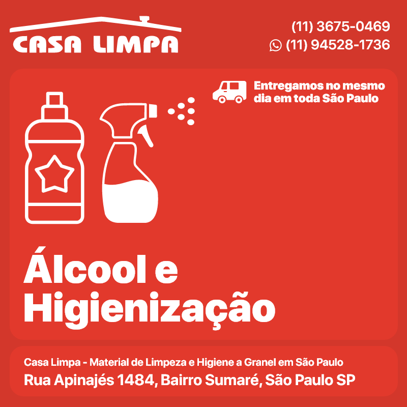 Álcool e Higienização Casa Limpa em São Paulo. Entrega no mesmo dia. Rua Apinajés 1484, Sumaré.