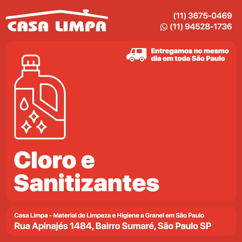 Cloro e Sanitizantes Casa Limpa em São Paulo. Entrega no mesmo dia. Rua Apinajés 1484, Sumaré.