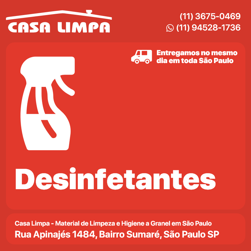 Desinfetantes Casa Limpa em São Paulo. Entrega no mesmo dia. Rua Apinajés 1484, Sumaré.