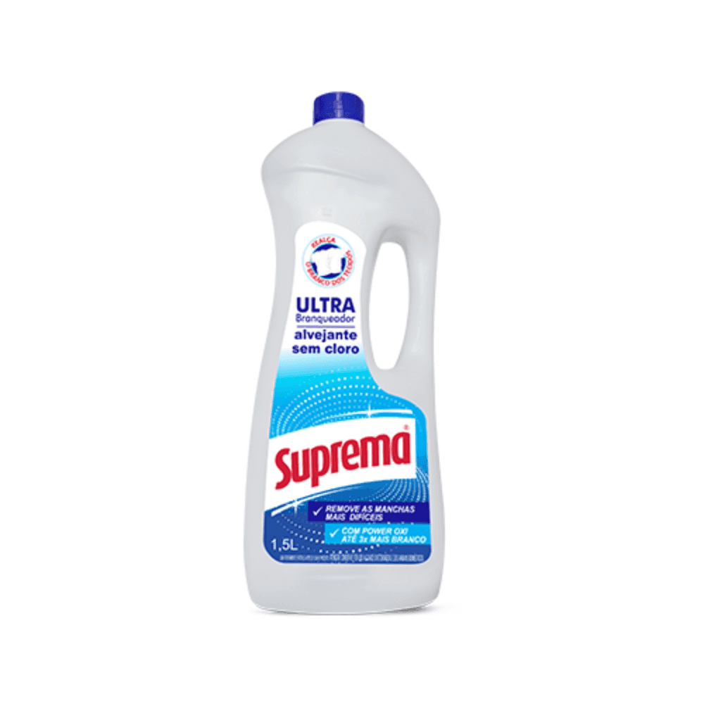 Alvejante sem Cloro Suprema Ultra Branqueador 1,5L. Categoria Produtos de Limpeza. Subcategoria Alvejante. Marca Suprema. Quantidade 1,5L. Casa Limpa em São Paulo, Rua Apinajés 1484, Sumaré.
