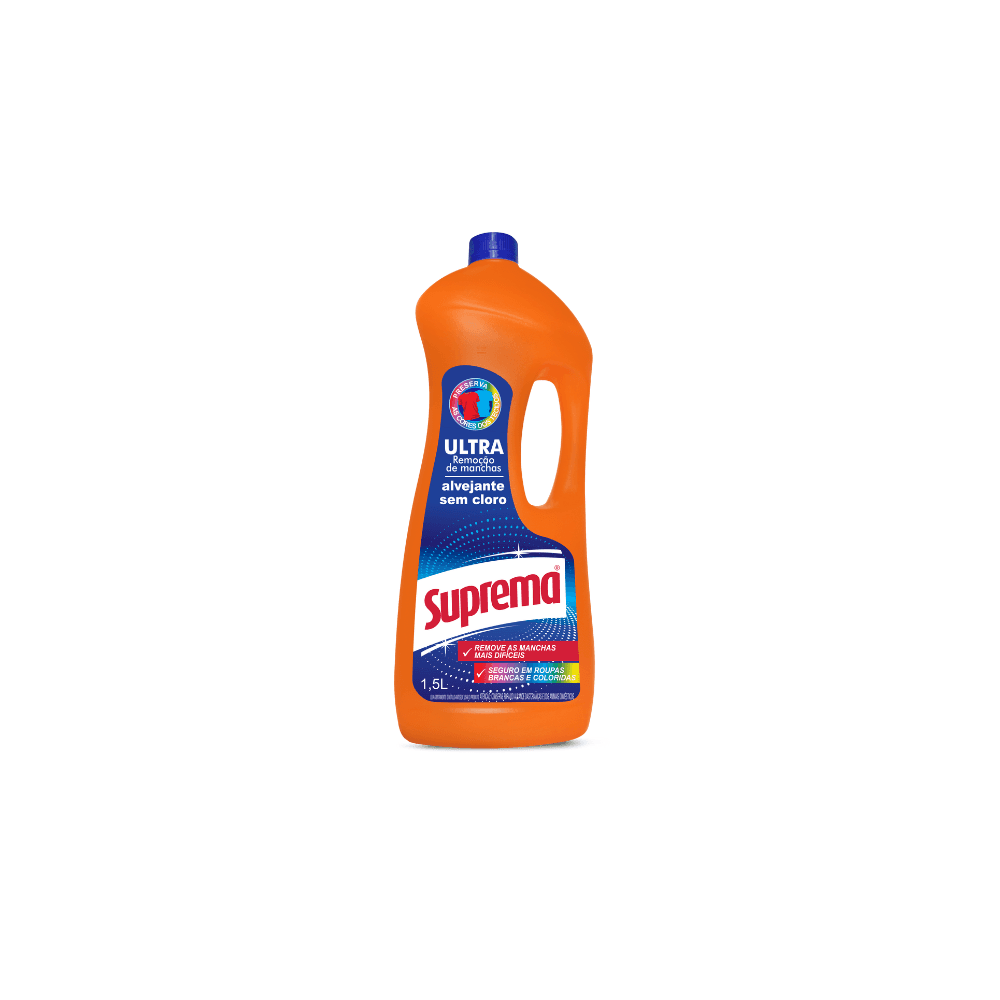 Alvejante sem Cloro Ultra Remoção Suprema 1,5L. Categoria Produtos de Limpeza. Subcategoria Alvejante. Marca Suprema. Quantidade 1,5L. Casa Limpa em São Paulo, Rua Apinajés 1484, Sumaré.