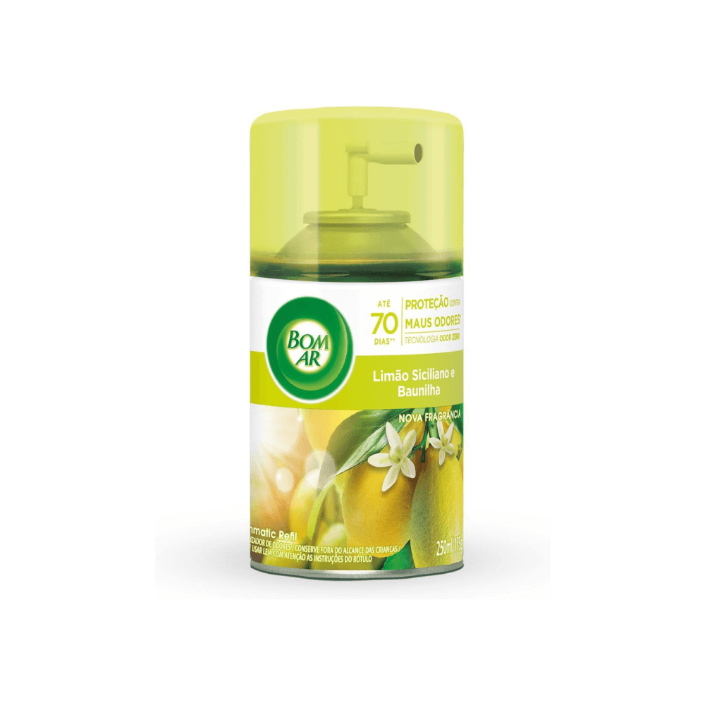 Aromatizador Bom Ar Spray Automático Freshmatic Limão siciliano e baunilha, Refil 250ml. Categoria Produtos de Limpeza. Subcategoria Odorizador de ambiente. Marca Bom Ar. Quantidade 250ml. Casa Limpa em São Paulo, Rua Apinajés 1484, Sumaré.