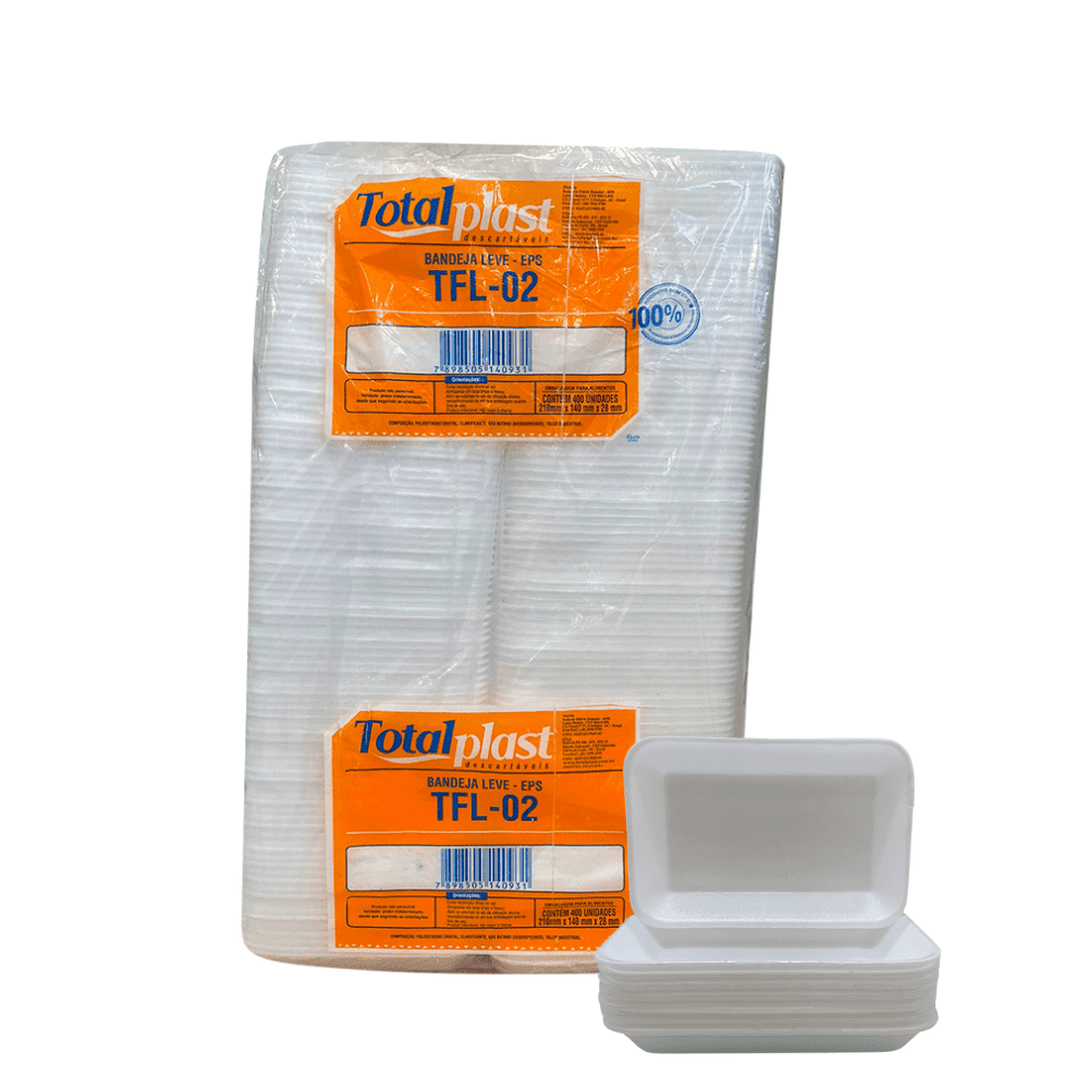 Bandeja de Isopor Funda TFL02 Total Plast 400 unidades. Categoria Descartáveis e Embalagens. Subcategoria Bandeja. Marca Totalplast. Quantidade 400. Casa Limpa em São Paulo, Rua Apinajés 1484, Sumaré.
