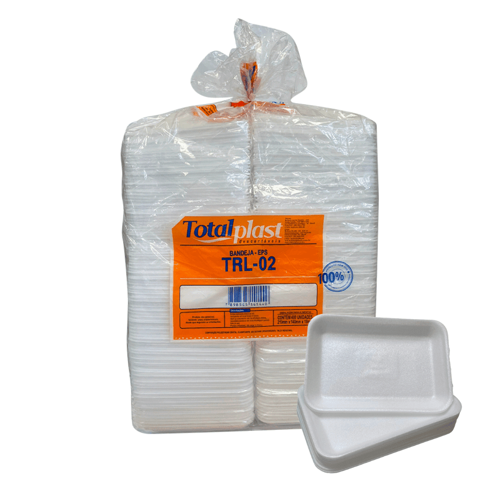 Bandeja Rasa de Isopor TRL02 Total Plast 400 unidades. Categoria Descartáveis e Embalagens. Subcategoria Bandeja. Marca Totalplast. Quantidade 400. Casa Limpa em São Paulo, Rua Apinajés 1484, Sumaré.
