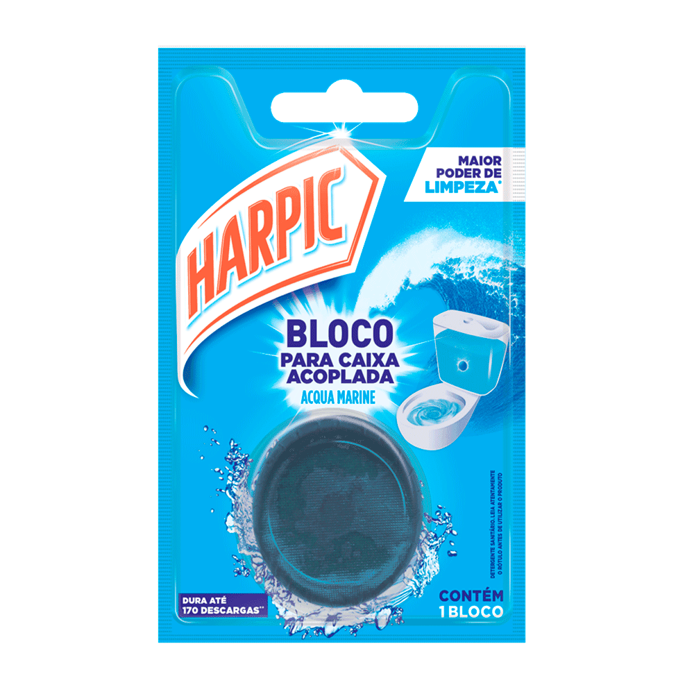 Bloco Sanitário Acqua Marine Harpic para Caixa Acoplada 50g. Categoria Produtos de Limpeza. Subcategoria Limpador Sanitário. Marca Harpic. Quantidade 50g. Casa Limpa em São Paulo, Rua Apinajés 1484, Sumaré.