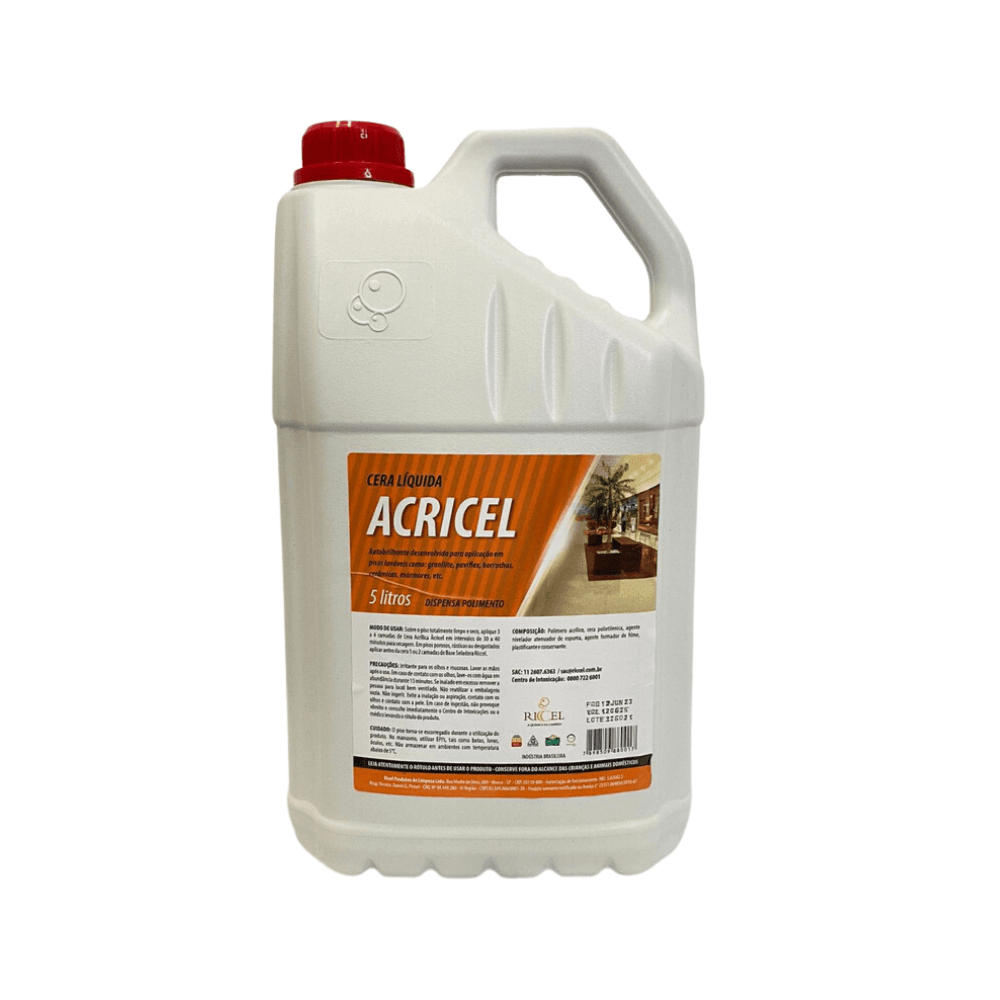 Cera Acrílica Acricel Riccel 5l. Categoria Produtos de Limpeza. Subcategoria Ceras para Piso. Marca Riccel. Quantidade 5l. Casa Limpa em São Paulo, Rua Apinajés 1484, Sumaré.
