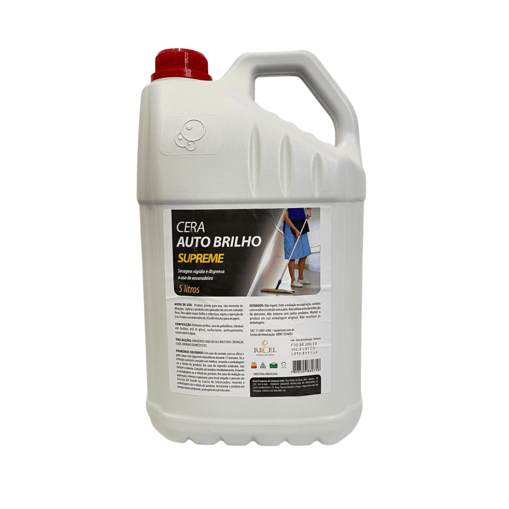 Cera Acrílica Auto Brilho Supreme Riccel 5l. Categoria Produtos de Limpeza. Subcategoria Ceras para Piso. Marca Riccel. Quantidade 5l. Casa Limpa em São Paulo, Rua Apinajés 1484, Sumaré.