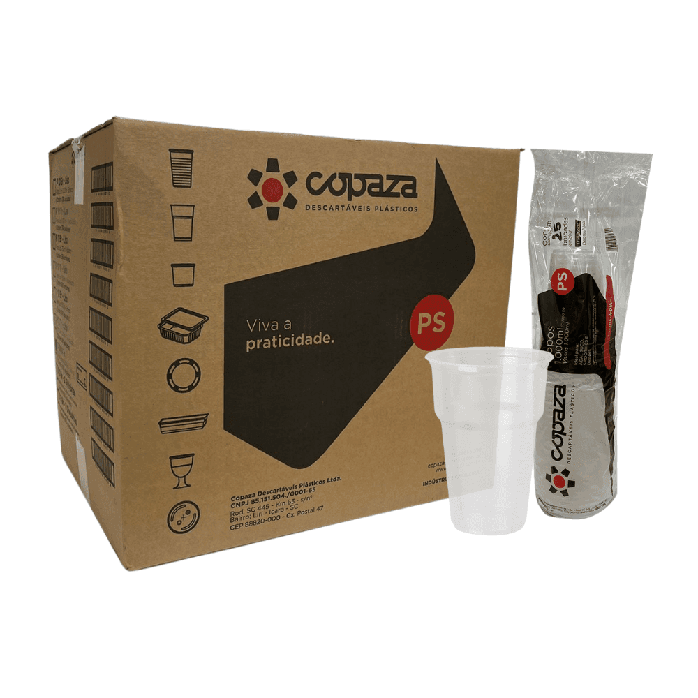 Copo 1.000ml Translúcido com Degrau Copaza 300 unidades. Categoria Descartáveis e Embalagens. Subcategoria Copos Descartáveis. Marca Copaza. Quantidade 300. Casa Limpa em São Paulo, Rua Apinajés 1484, Sumaré.