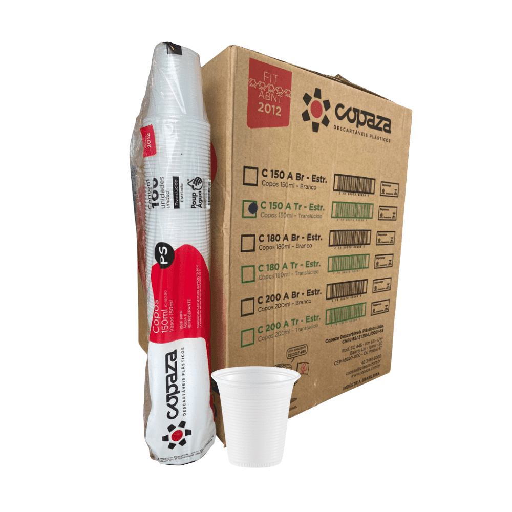 Copo 150ml Translúcido ABNT PS Copaza 2.500 unidades. Categoria Descartáveis e Embalagens. Subcategoria Copos Descartáveis. Marca Copaza. Quantidade 2500. Casa Limpa em São Paulo, Rua Apinajés 1484, Sumaré.