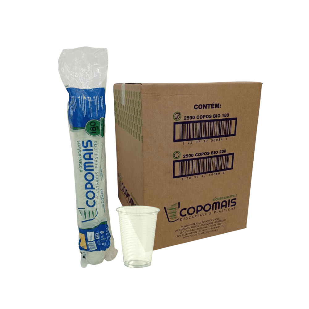 Copo 180ml Biodegradável Translúcido PS Copomais 2.500 unidades. Categoria Descartáveis e Embalagens. Subcategoria Copos Descartáveis. Marca Copomais. Quantidade 2500. Casa Limpa em São Paulo, Rua Apinajés 1484, Sumaré.
