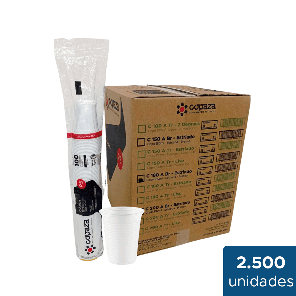 Copo 180ml Branco PS Copaza 2.500 unidades. Categoria Descartáveis e Embalagens. Subcategoria Copos Descartáveis. Marca Copaza. Quantidade 2500. Casa Limpa em São Paulo, Rua Apinajés 1484, Sumaré.