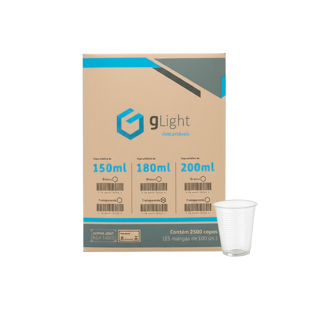 Copo 180ml Glight Transparente PS 2500 Unidades. Categoria Descartáveis e Embalagens. Subcategoria Copos Descartáveis. Marca Glight. Quantidade 2500 Unidades. Casa Limpa em São Paulo, Rua Apinajés 1484, Sumaré.
