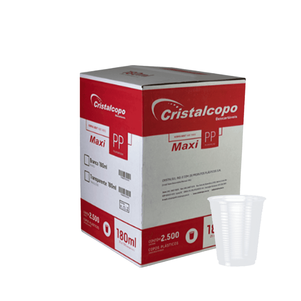 Copo 180ml Translúcido PP Cristalcopo Maxi 2.500 unidades. Categoria Descartáveis e Embalagens. Subcategoria Copos Descartáveis. Marca Cristalcopo. Quantidade 2500. Casa Limpa em São Paulo, Rua Apinajés 1484, Sumaré.