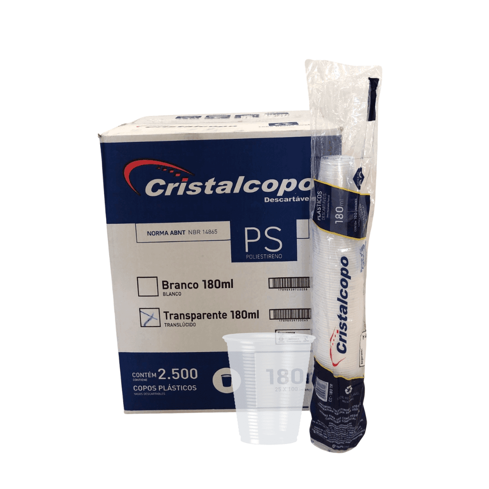 Copo 180ml Translúcido PS Cristalcopo 2.500 unidades. Categoria Descartáveis e Embalagens. Subcategoria Copos Descartáveis. Marca Cristalcopo. Quantidade 2500. Casa Limpa em São Paulo, Rua Apinajés 1484, Sumaré.