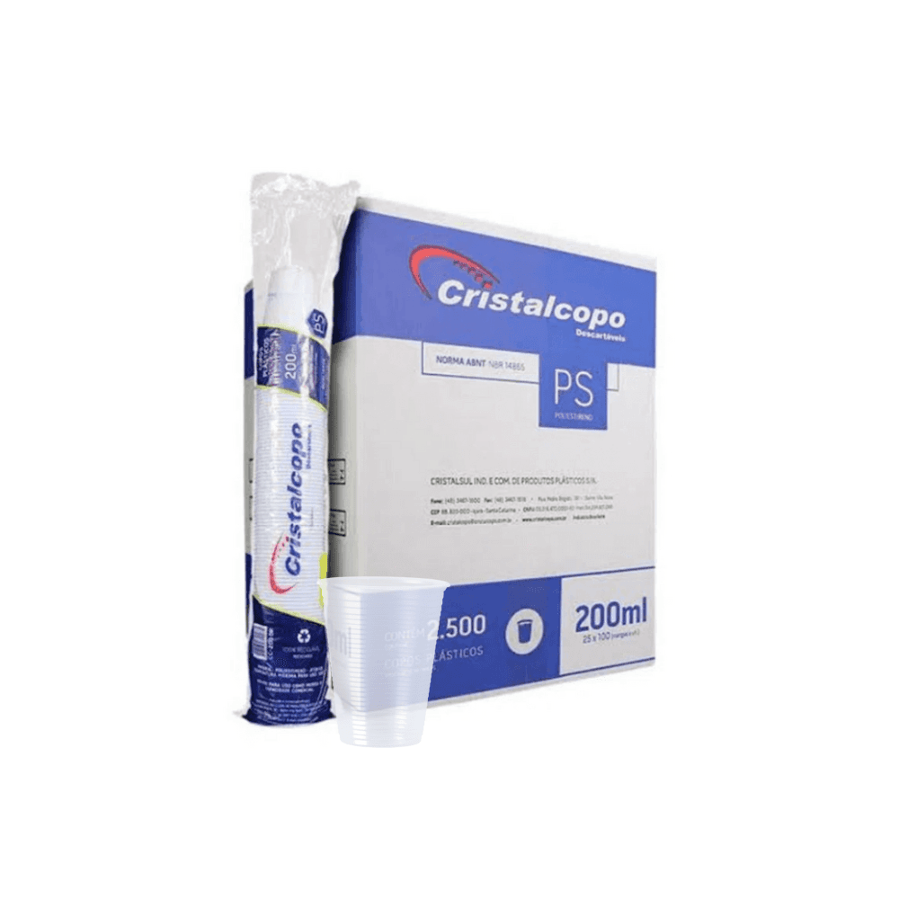 Copo 200ml Translúcido PS ABNT2012 Cristalcopo 2.500 unidades. Categoria Descartáveis e Embalagens. Subcategoria Copos Descartáveis. Marca Cristalcopo. Quantidade 2500. Casa Limpa em São Paulo, Rua Apinajés 1484, Sumaré.