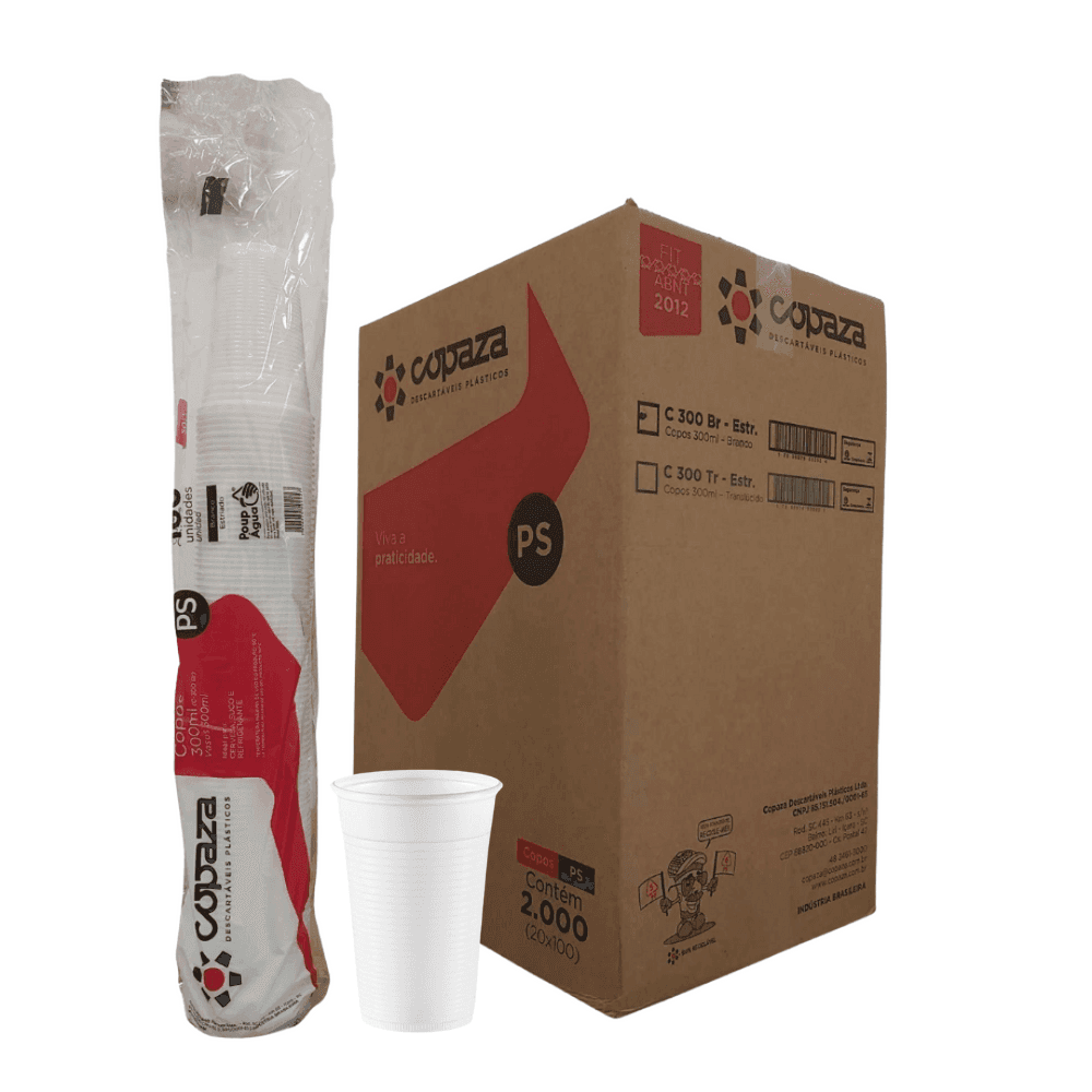 Copo 300ml Branco PS Copaza 2.000 unidades. Categoria Descartáveis e Embalagens. Subcategoria Copos Descartáveis. Marca Copaza. Quantidade 2000. Casa Limpa em São Paulo, Rua Apinajés 1484, Sumaré.