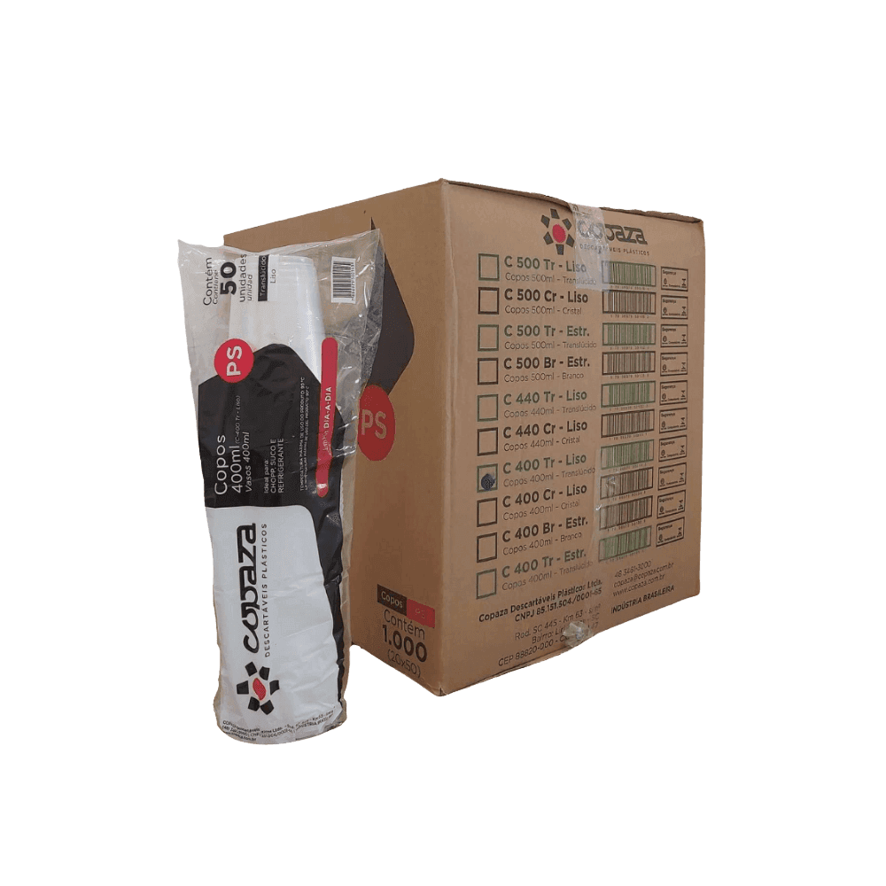 Copo 400ml Translúcido Liso Ps Copaza 1.000 unidades. Categoria Descartáveis e Embalagens. Subcategoria Copos Descartáveis. Marca Copaza. Quantidade 1000. Casa Limpa em São Paulo, Rua Apinajés 1484, Sumaré.