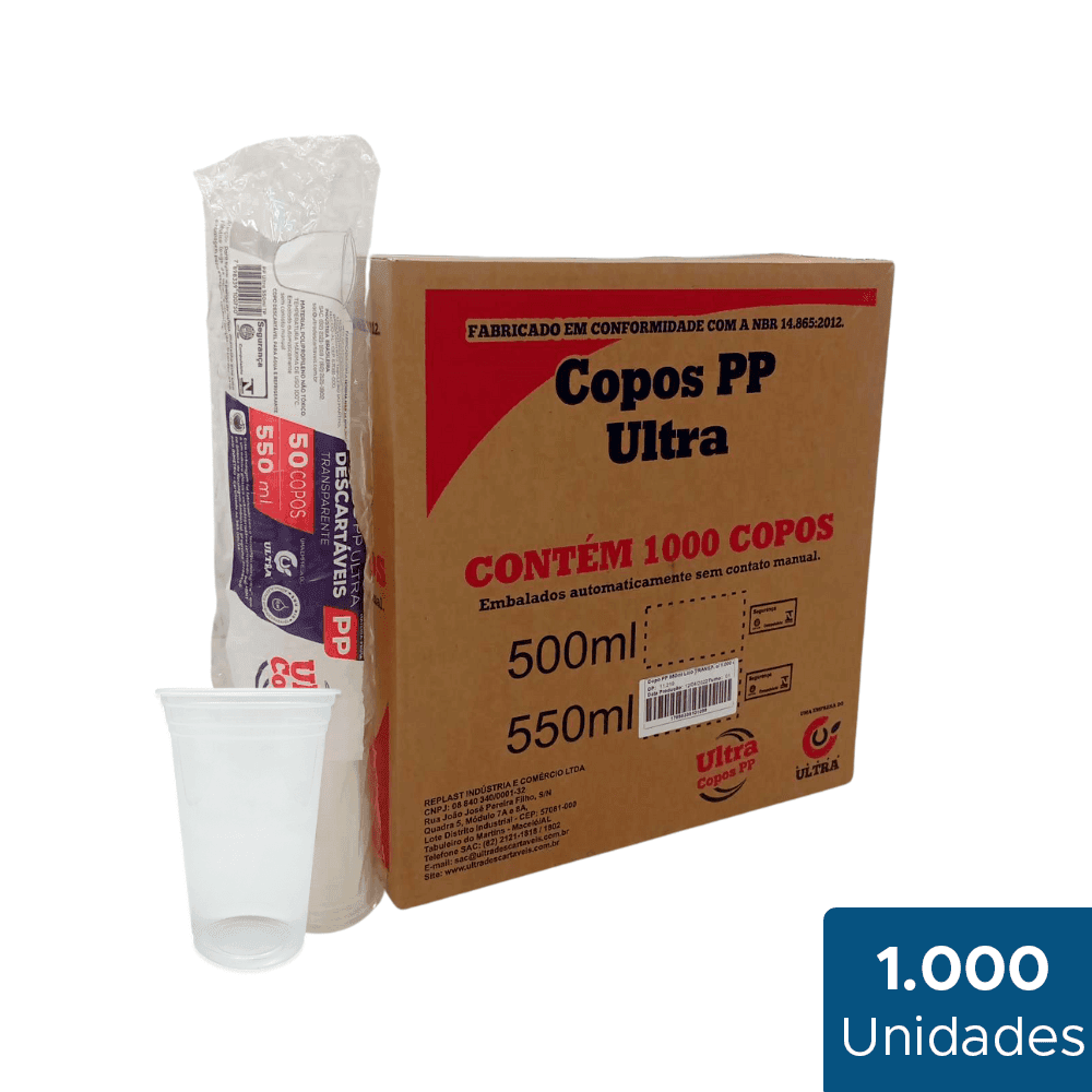 Copo 550ml Transparente PP Liso Ultra 1000 unidades. Categoria Descartáveis e Embalagens. Subcategoria Copos Descartáveis. Marca Ultra. Quantidade 1000. Casa Limpa em São Paulo, Rua Apinajés 1484, Sumaré.