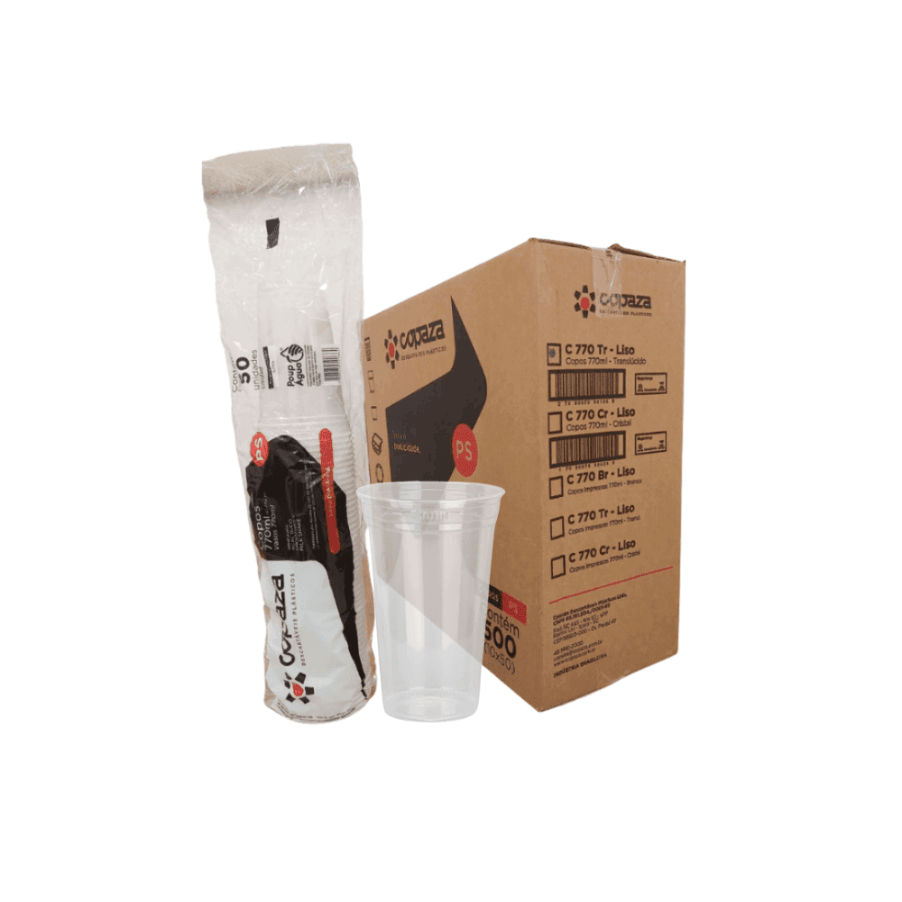 Copo 770ml Translúcido Copaza 500 unidades. Categoria Descartáveis e Embalagens. Subcategoria Copos Descartáveis. Marca Copaza. Quantidade 500. Casa Limpa em São Paulo, Rua Apinajés 1484, Sumaré.