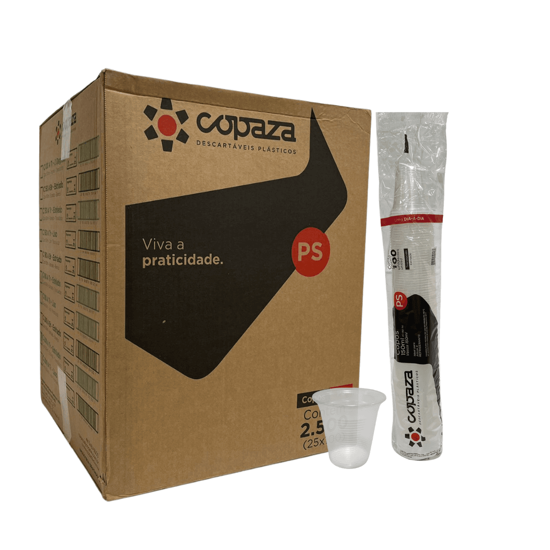 Copo de 150ml Translúcido PS ABNT 2002 Copaza com 2.500 unidades. Categoria Descartáveis e Embalagens. Subcategoria Copos Descartáveis. Marca Copaza. Quantidade 2500. Casa Limpa em São Paulo, Rua Apinajés 1484, Sumaré.