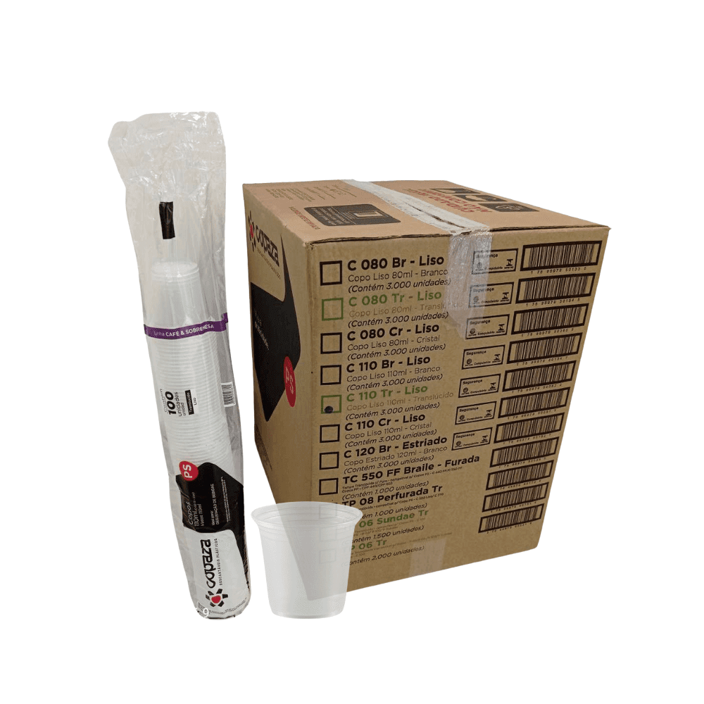 Copo Descartável 110 ml Translúcido Liso PS Copaza 3.000 unidades. Categoria Descartáveis e Embalagens. Subcategoria Copos Descartáveis. Marca Copaza. Quantidade 3000. Casa Limpa em São Paulo, Rua Apinajés 1484, Sumaré.