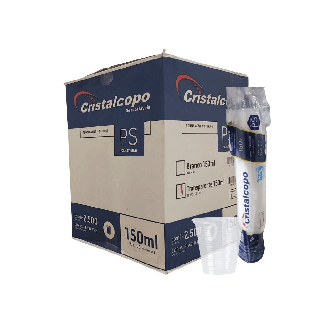 Copo Descartável 150ml Translúcido PS Cristalcopo 2.500 unidades. Categoria Descartáveis e Embalagens. Subcategoria Copos Descartáveis. Marca Cristalcopo. Quantidade 2500. Casa Limpa em São Paulo, Rua Apinajés 1484, Sumaré.