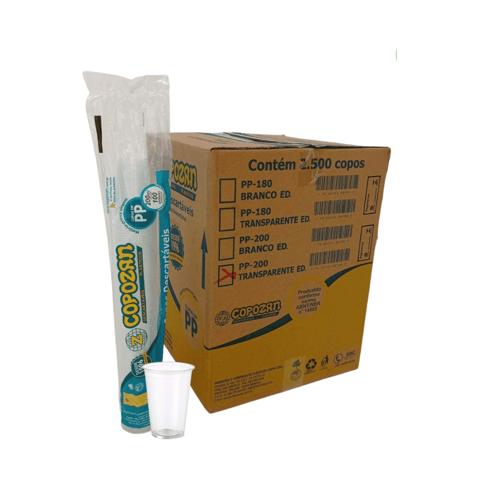 Copo Descartável Transparente PP Copozan 200ml 2.500 unidades. Categoria Descartáveis e Embalagens. Subcategoria Copos Descartáveis. Marca Copozan. Quantidade 2.500 unidades. Casa Limpa em São Paulo, Rua Apinajés 1484, Sumaré.