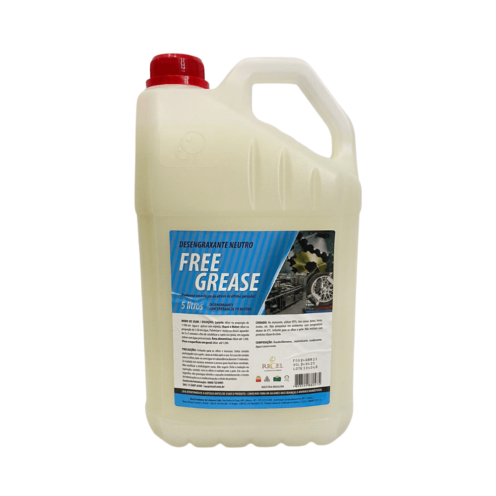 Desengraxante Neutro Free Grease Riccel 5l. Categoria Produtos de Limpeza. Subcategoria Desengraxantes. Marca Riccel. Quantidade 5L. Casa Limpa em São Paulo, Rua Apinajés 1484, Sumaré.