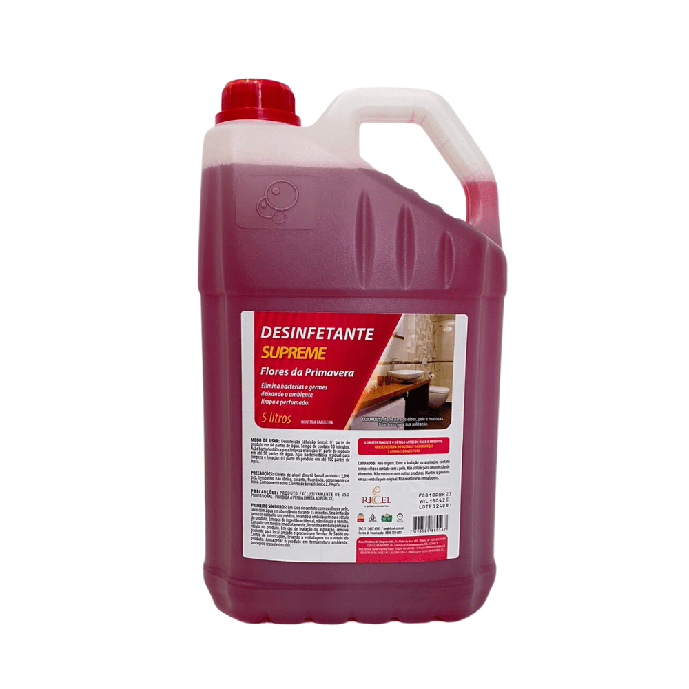 Desinfetante Supreme Flores da Primavera Riccel 5L. Categoria Produtos de Limpeza. Subcategoria Desinfetantes. Marca Riccel. Quantidade 5l. Casa Limpa em São Paulo, Rua Apinajés 1484, Sumaré.