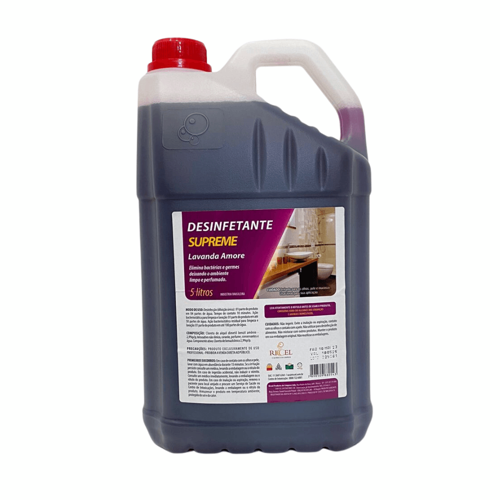 Desinfetante Supreme Lavanda Amore Riccel 5L. Categoria Produtos de Limpeza. Subcategoria Desinfetantes. Marca Riccel. Quantidade 5L. Casa Limpa em São Paulo, Rua Apinajés 1484, Sumaré.