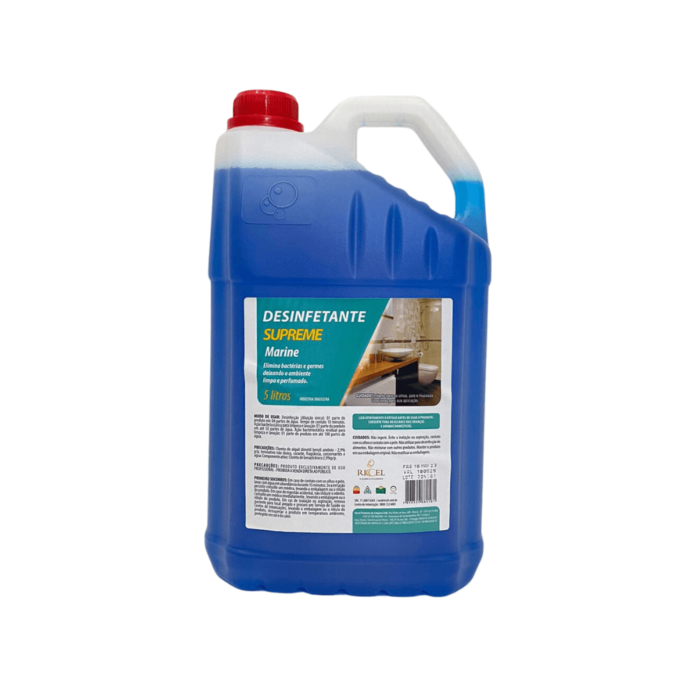Desinfetante Supreme Marine Riccel 5L. Categoria Produtos de Limpeza. Subcategoria Desinfetantes. Marca Riccel. Quantidade 5L. Casa Limpa em São Paulo, Rua Apinajés 1484, Sumaré.