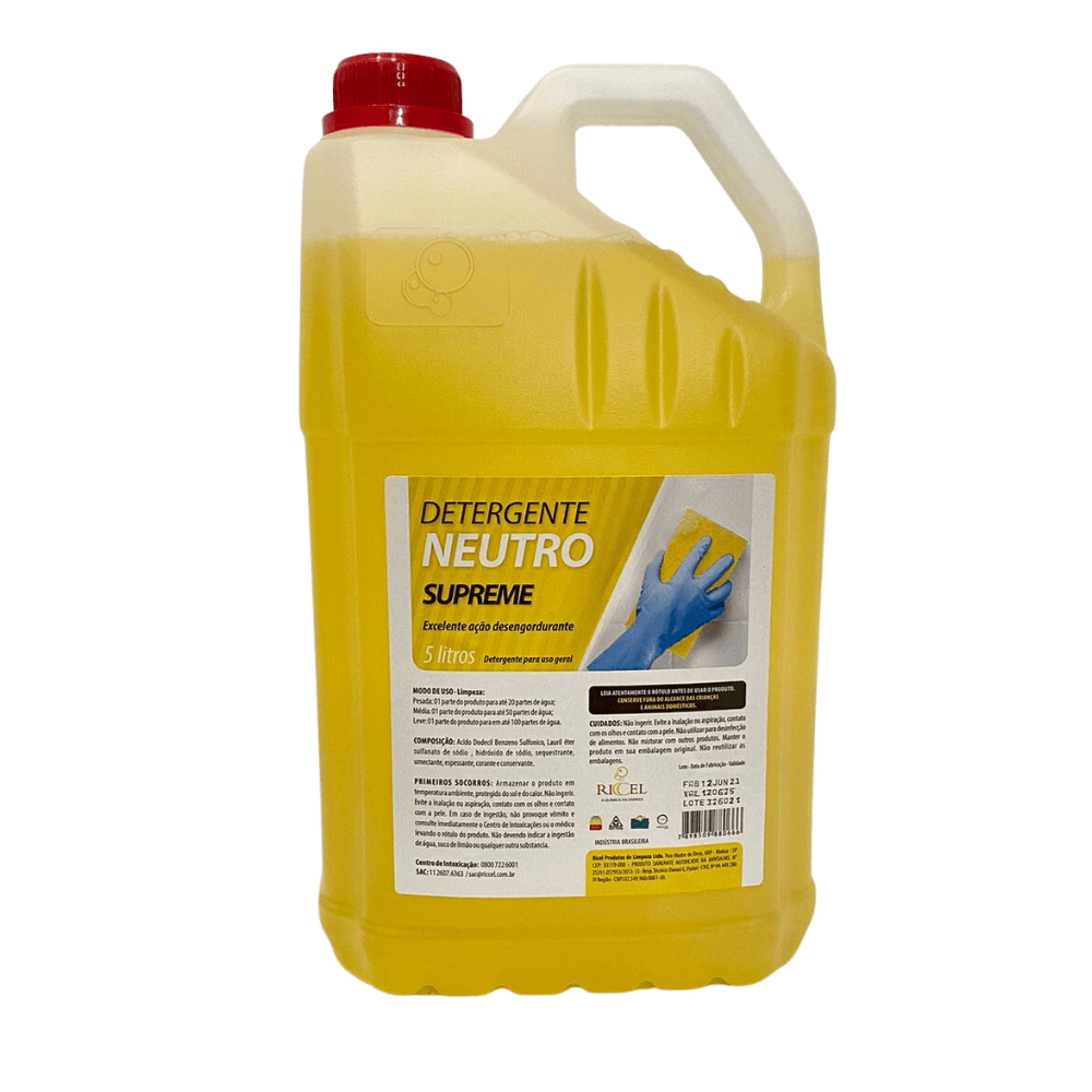 Detergente Neutro Supreme Riccel 5l. Categoria Produtos de Limpeza. Subcategoria Detergentes. Marca Riccel. Quantidade 5l. Casa Limpa em São Paulo, Rua Apinajés 1484, Sumaré.
