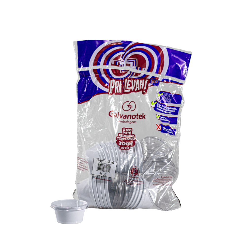 Embalagem 30 ml para Molho com Tampa G695 Branco Galvanotek 1.200 unidades. Categoria Descartáveis e Embalagens. Subcategoria Potes Descartáveis. Marca Galvanotek. Quantidade 1000. Casa Limpa em São Paulo, Rua Apinajés 1484, Sumaré.