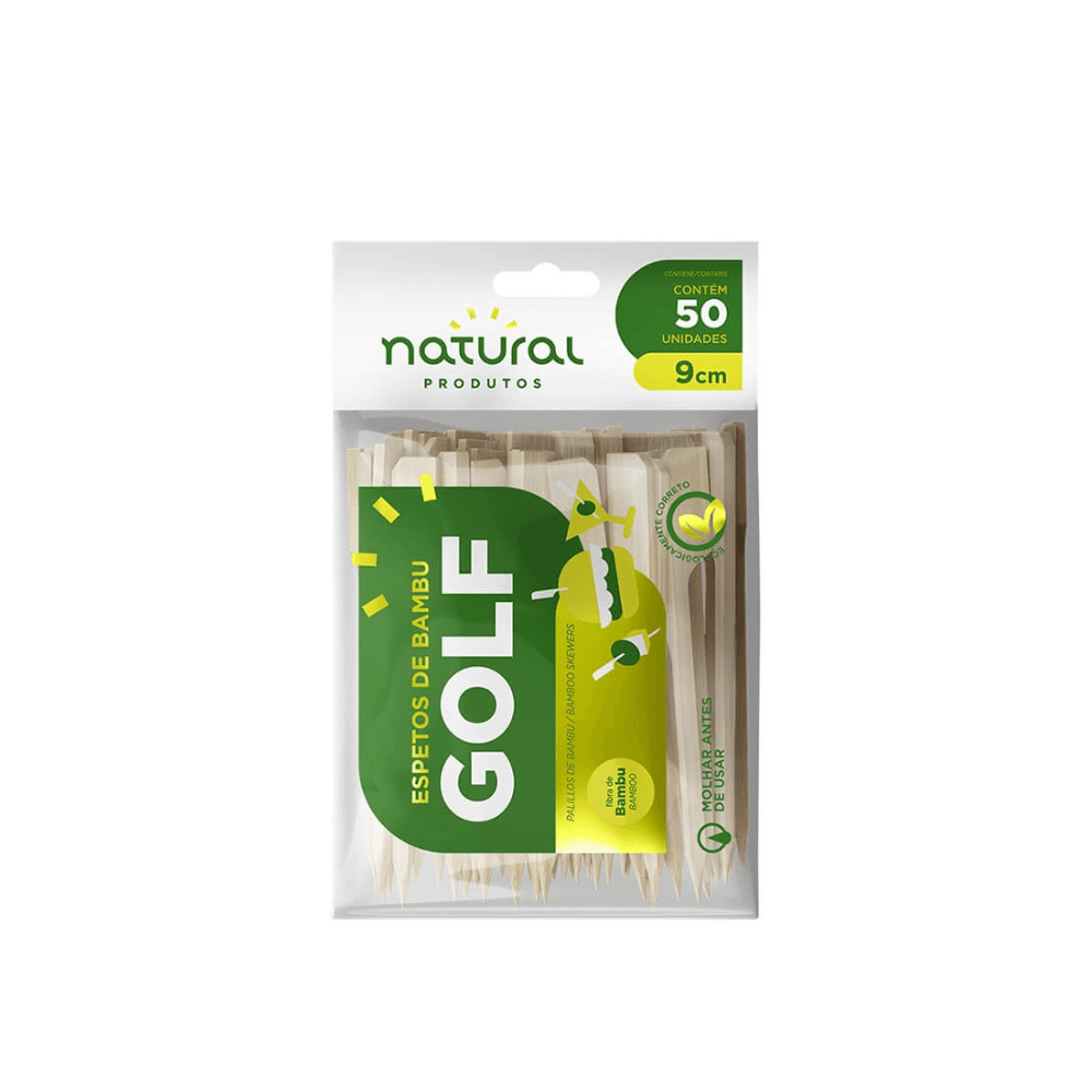 Espeto de bambu Golf 9cm Natural com 50 unidades. Categoria Descartáveis e Embalagens. Subcategoria Kit Churrasco. Marca Natural. Quantidade 50. Casa Limpa em São Paulo, Rua Apinajés 1484, Sumaré.