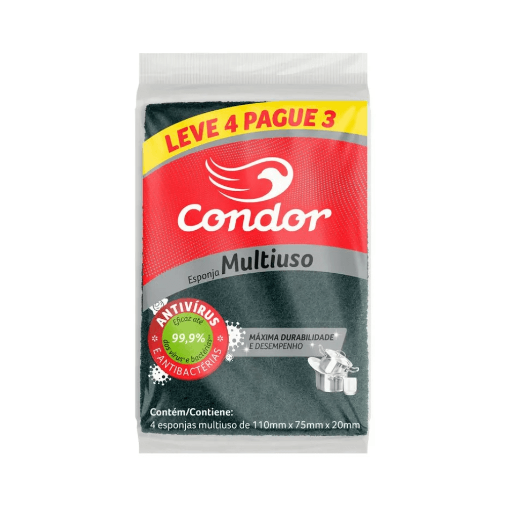Esponja Dupla Face Multiuso Condor Embalagem Promocional Leve 4 Pague 3. Categoria Acessórios para Limpeza. Subcategoria Esponjas. Marca Condor. Quantidade 1. Casa Limpa em São Paulo, Rua Apinajés 1484, Sumaré.