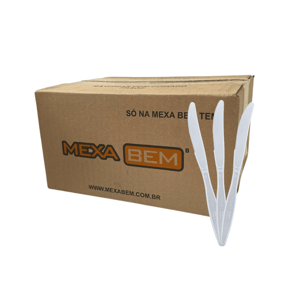 Faca para Refeição 18cm Reforçada Branca Mexa Bem a granel 500 unidades. Categoria Descartáveis e Embalagens. Subcategoria Faca Descartável. Marca Mexa Bem. Quantidade 500. Casa Limpa em São Paulo, Rua Apinajés 1484, Sumaré.