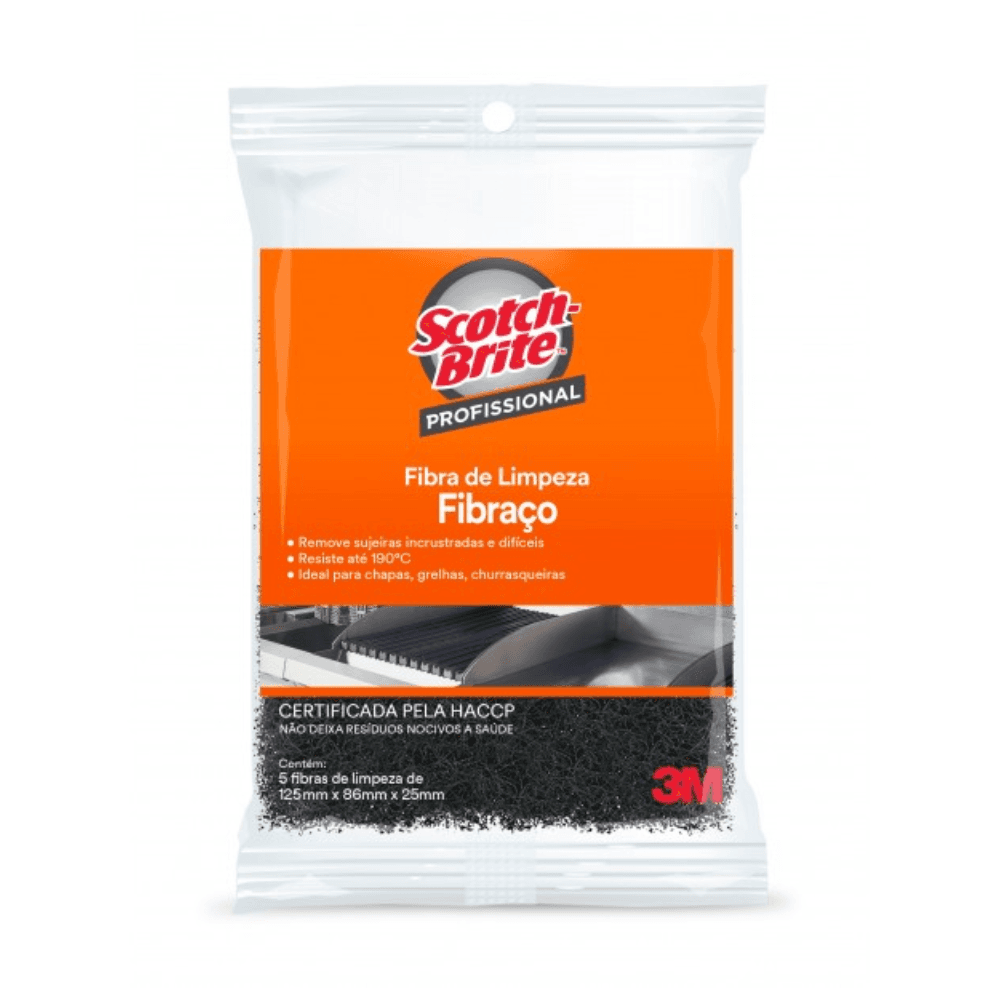 Fibra de Limpeza Fibraço 3M™ Scotch-Brite™ Profissional 87x15mm - 5 Unidades. Categoria Acessórios para Limpeza. Subcategoria Fibras para limpeza. Marca Scotch Brite. Quantidade 1. Casa Limpa em São Paulo, Rua Apinajés 1484, Sumaré.