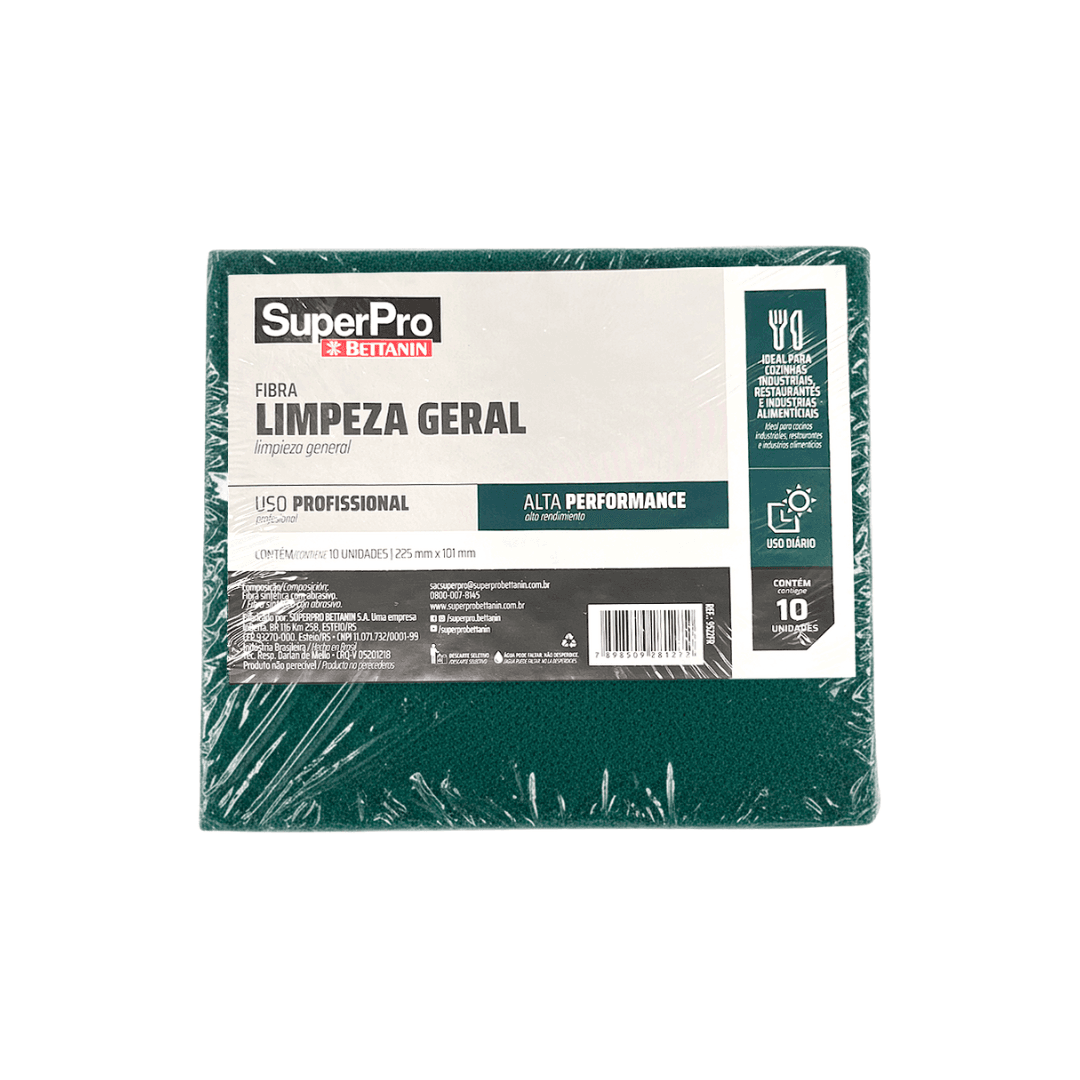Fibra de Uso Geral Slim Super Pro Bettanin - 10 unidades. Categoria Acessórios para Limpeza. Subcategoria Fibras para limpeza. Marca Super Pro. Quantidade 10 Unidades. Casa Limpa em São Paulo, Rua Apinajés 1484, Sumaré.