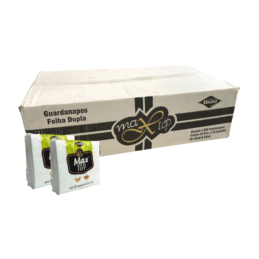Guardanapo 32x33cm folha dupla Dadu Maxtop com 1.000 folhas. Categoria Papéis. Subcategoria Guardanapo. Marca Dadupack. Quantidade 20 pacotes de 50 folhas. Casa Limpa em São Paulo, Rua Apinajés 1484, Sumaré.