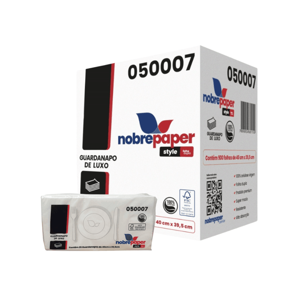 Guardanapo 40x39,5 folha dupla Nobre com 900 folhas. Categoria Papéis. Subcategoria Guardanapo. Marca Nobre Paper. Quantidade 36x25. Casa Limpa em São Paulo, Rua Apinajés 1484, Sumaré.