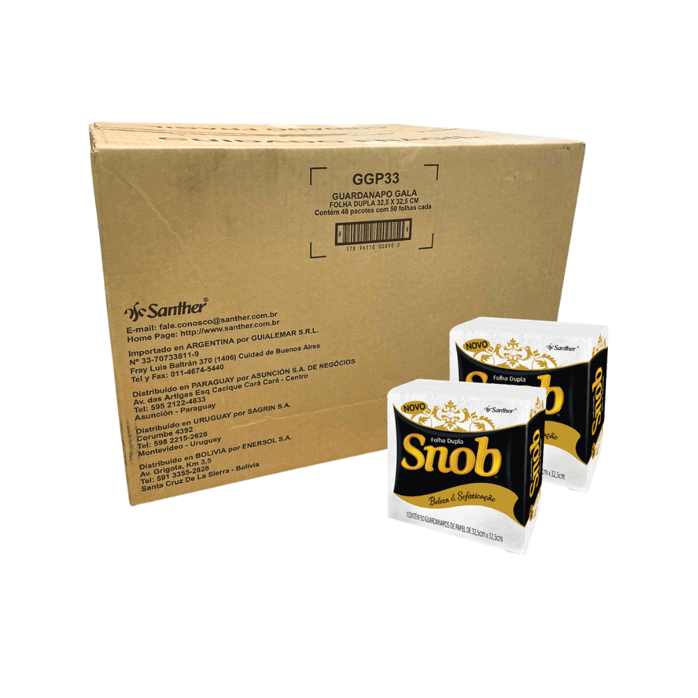 Guardanapo 32,5x32,5 folha dupla Snob com 2.400 folhas. Categoria Papéis. Subcategoria Guardanapo. Marca Snob. Quantidade 48x50. Casa Limpa em São Paulo, Rua Apinajés 1484, Sumaré.