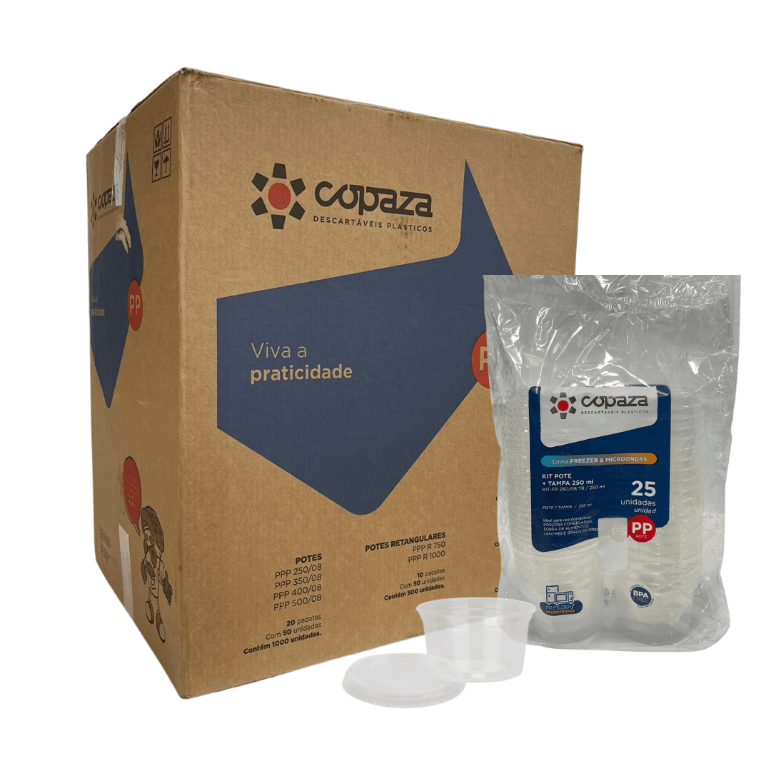 Kit Pote 250ml Translúcido com Tampa Copaza 600 unidades. Categoria Descartáveis e Embalagens. Subcategoria Potes Descartáveis. Marca Copaza. Quantidade 600. Casa Limpa em São Paulo, Rua Apinajés 1484, Sumaré.