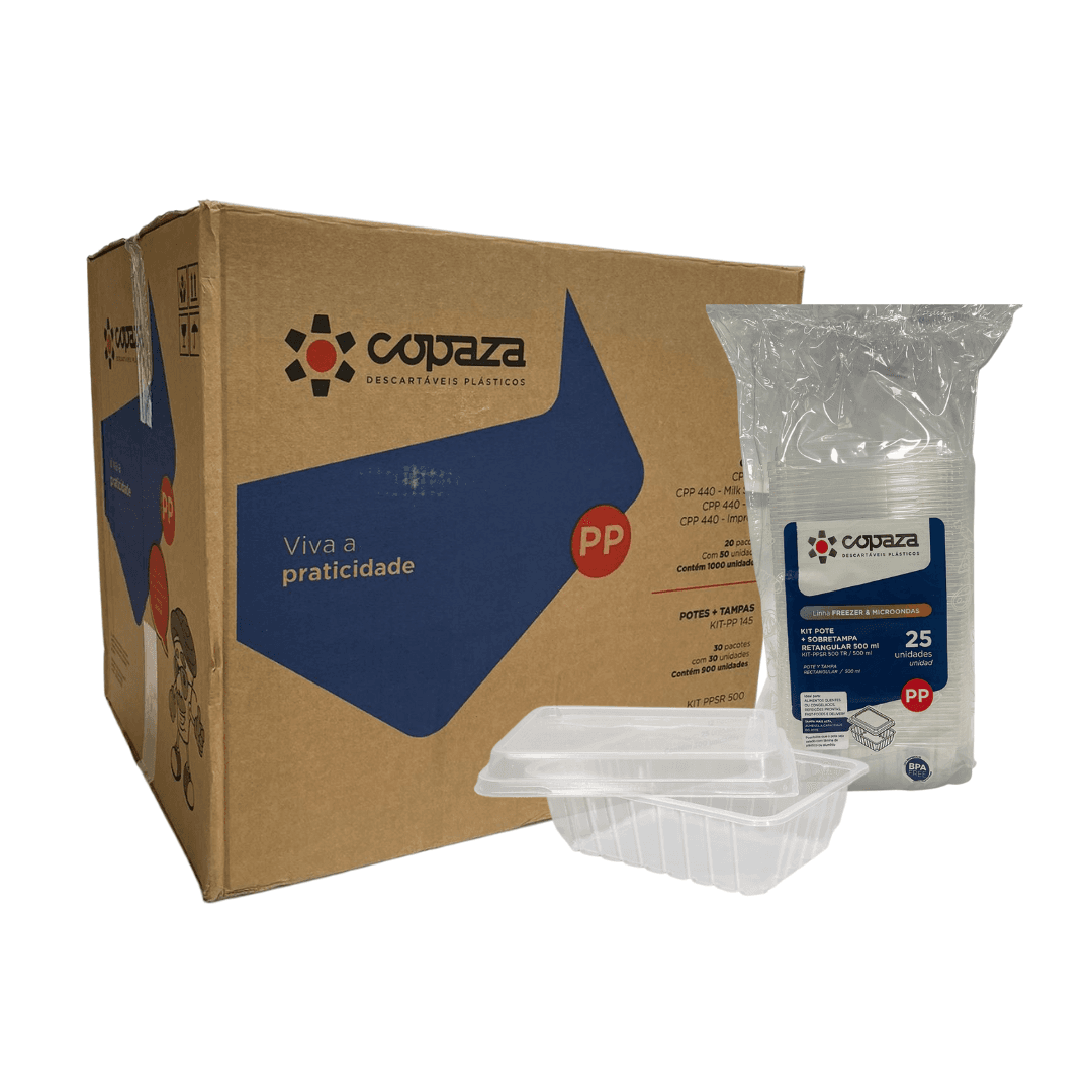 Kit Pote 500ml Retangular Translúcido com Tampa Copaza 12 pacotes com 25 unidades. Categoria Descartáveis e Embalagens. Subcategoria Potes Descartáveis. Marca Copaza. Quantidade 300. Casa Limpa em São Paulo, Rua Apinajés 1484, Sumaré.