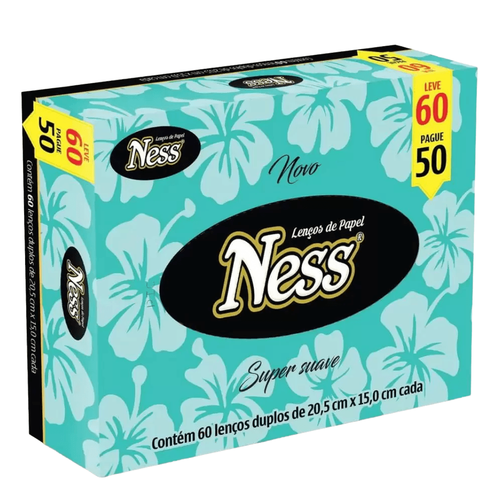 Lenço de papel Folha Dupla Ness. Categoria Higiene e Cuidados. Subcategoria Lenços. Marca Ness. Quantidade 60 Unidades. Casa Limpa em São Paulo, Rua Apinajés 1484, Sumaré.