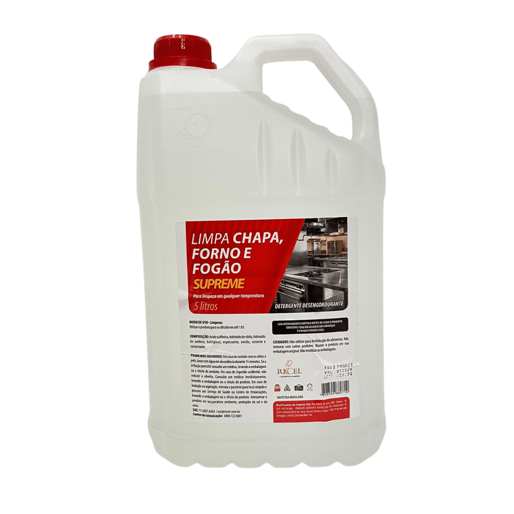 Limpa chapa, forno e fogão Supreme Riccel 5l. Categoria Produtos de Limpeza. Subcategoria Limpa Chapa/Forno/Fogão. Marca Riccel. Quantidade 5L. Casa Limpa em São Paulo, Rua Apinajés 1484, Sumaré.