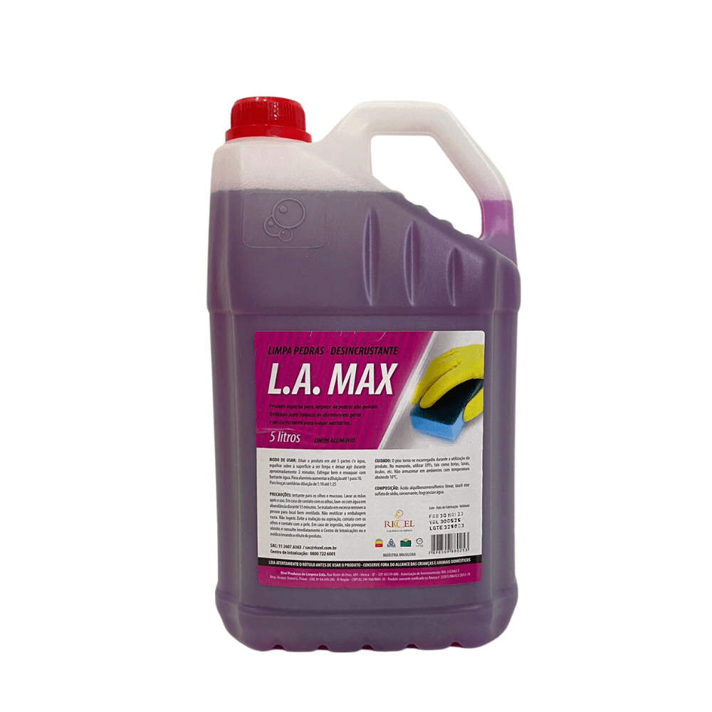 Limpa Pedras, Alumínio e Louças Sanitárias L.A Max Riccel 5L. Categoria Produtos de Limpeza. Subcategoria Limpa Pedra. Marca Riccel. Quantidade 5l. Casa Limpa em São Paulo, Rua Apinajés 1484, Sumaré.
