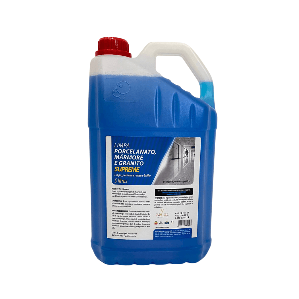 Limpa Porcelanato, Mármore e Granito Supreme Riccel 5l. Categoria Produtos de Limpeza. Subcategoria Limpadores para Piso. Marca Riccel. Quantidade 5l. Casa Limpa em São Paulo, Rua Apinajés 1484, Sumaré.