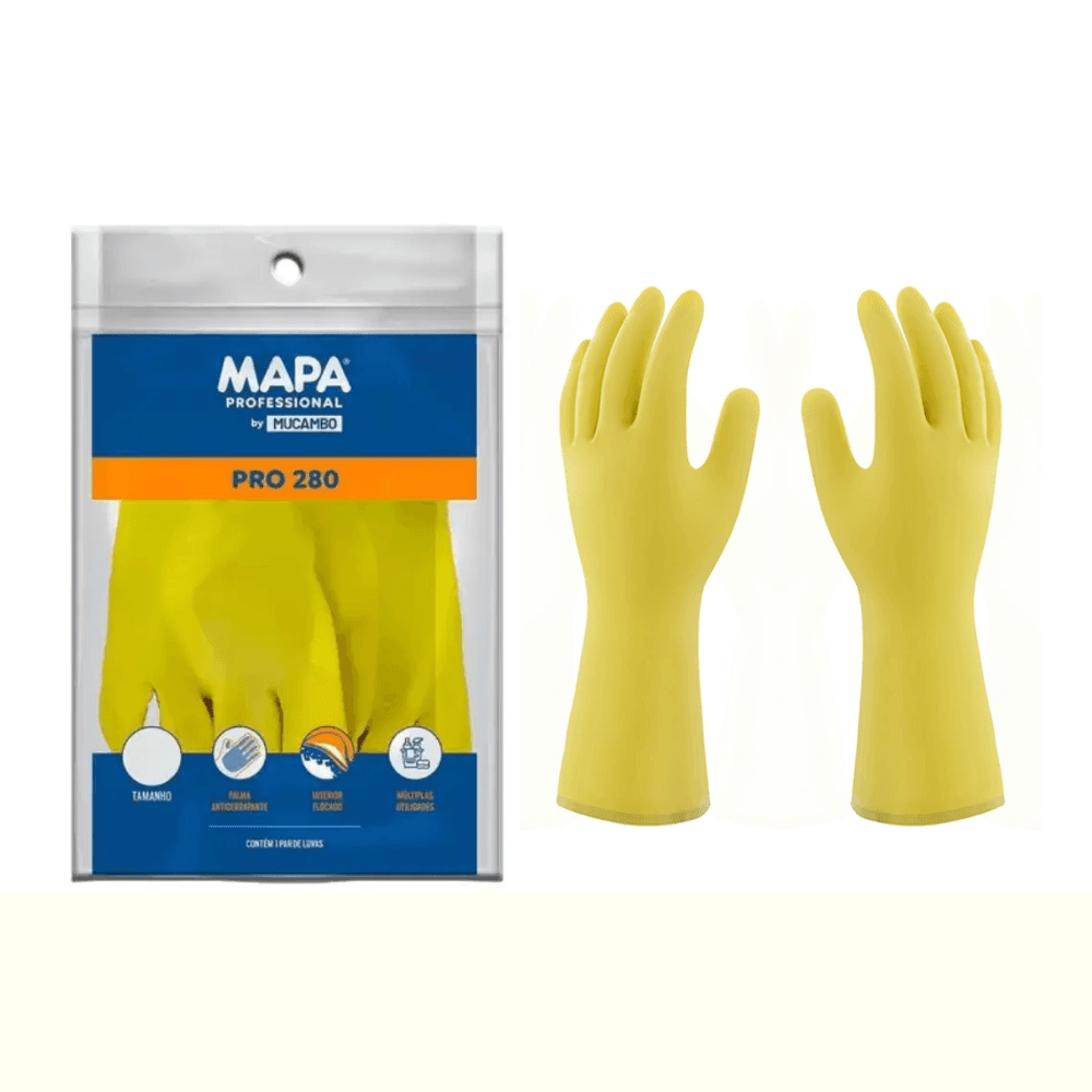 Luva de Látex Amarela G Forrada Mucambo CA 40969 Proteção Química e Mecânica. Categoria EPI. Subcategoria Luvas para Limpeza. Marca Mapa. Quantidade 1. Casa Limpa em São Paulo, Rua Apinajés 1484, Sumaré.