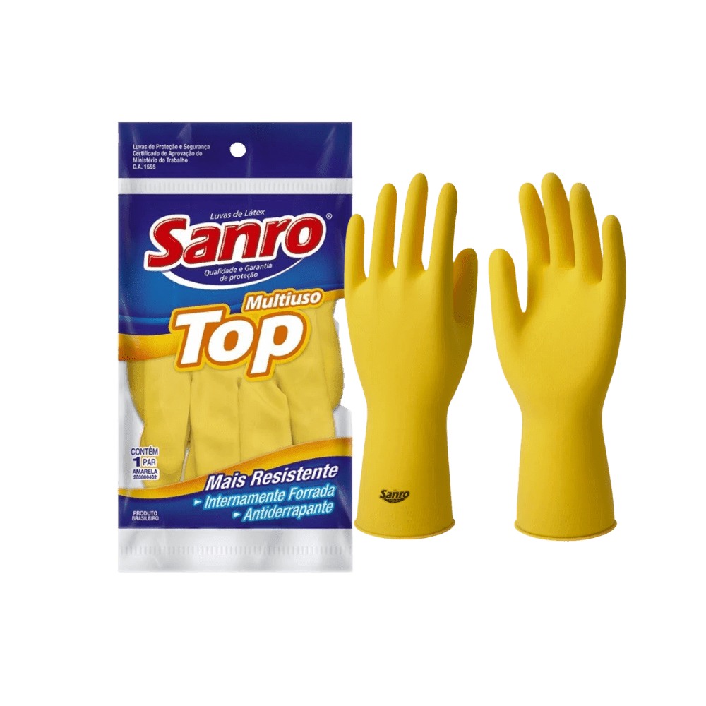 Luva de Látex Amarela G Sanro Top CA 40044 Proteção Química e Mecânica. Categoria EPI. Subcategoria Luvas para Limpeza. Marca Sanro. Quantidade 1. Casa Limpa em São Paulo, Rua Apinajés 1484, Sumaré.