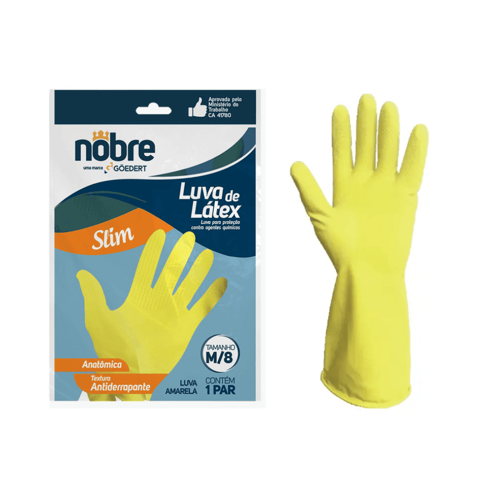 Luva de Látex Amarela M Anatômica Nobre CA 41780 Proteção Química e Mecânica. Categoria EPI. Subcategoria Luvas para Limpeza. Marca Nobre. Quantidade 1. Casa Limpa em São Paulo, Rua Apinajés 1484, Sumaré.